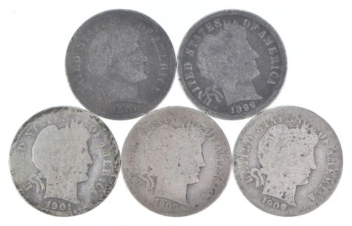 Better Lot 5 1901-O 1899 1901-O 1909-O 1908-D Barber Dime 0.50 Face *213