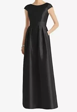 Alfred Sung Women's Black Satin A-line Pleated Maxi Dress. Sz 12 R