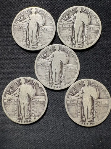 Lot of 5 - 1927 Standing Liberty Quarters - 90% Silver SLQ - Last Year of Issue