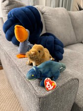 Vintage 1990s Seal TY Beanie Baby Paul the Walrus-Scoop the Pelican-Iggy the