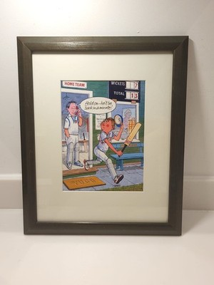 Gerahmte Kunst Cartoon lustiger Cricketspieler ''...er wird in einer Minute zurück sein!''