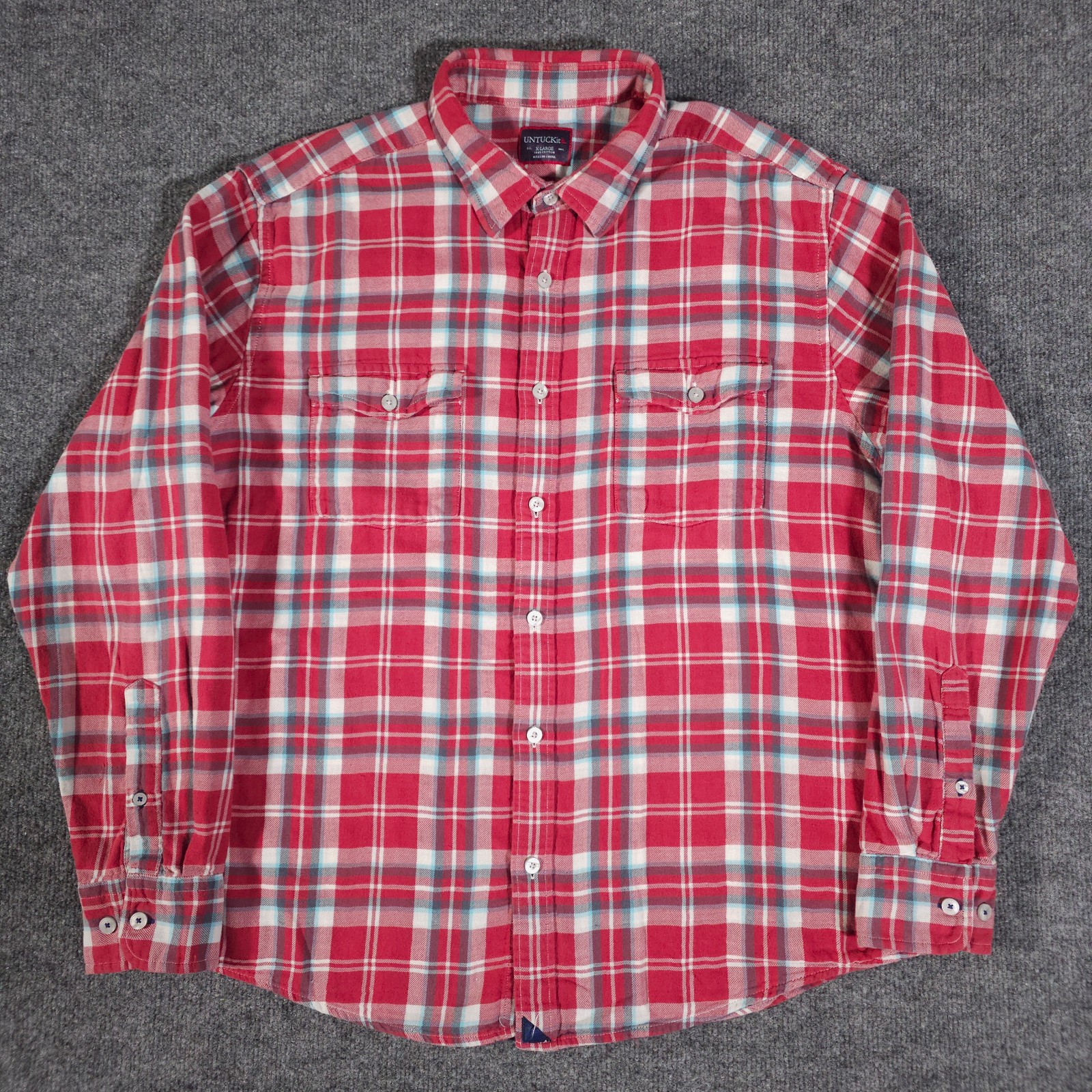 UnTuckit Red Plaid Relaxed Fit Long Sleeve Cotton Shirt Mens Extra Large XL