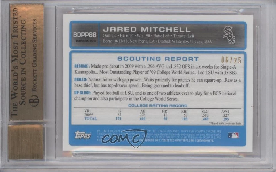 2009 Bowman Draft Orange Refractor /25 Jared Mitchell BGS 9.5 GEM MINT Auto - Image 2 of 2