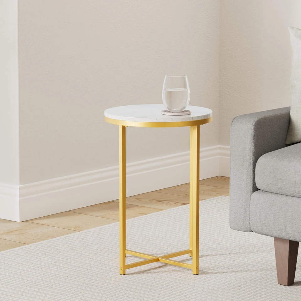 Mesa auxiliar redonda, mesa de sofá de mármol sintético, mesa auxiliar de acento con marco de metal,... Foto 2 de 4