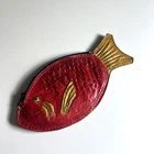 Vintage Leather Fish Coin Purse Red 6" READ Travel Souvenir Yellow Small Childs