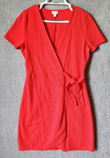J. Crew Women's Short Sleeve Textured Knit Wrap Dress Red Cotton Blend AK924 S