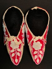 Fine Northeastern SENECA/MICMAC BEADED RED WOOL BROADCLOTH & SILK MOCCASINS,1880