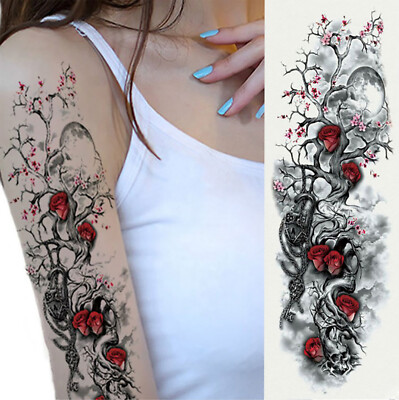 XXL Temporäres Tattoo Skull Rosen Mond Blumen Death Full Arm Einmal Wasserfest