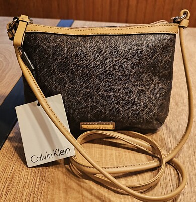 Calvin Klein CK Logo Print Crossbody Purse Brown Khaki Camel Womens New H3DEJ1KF