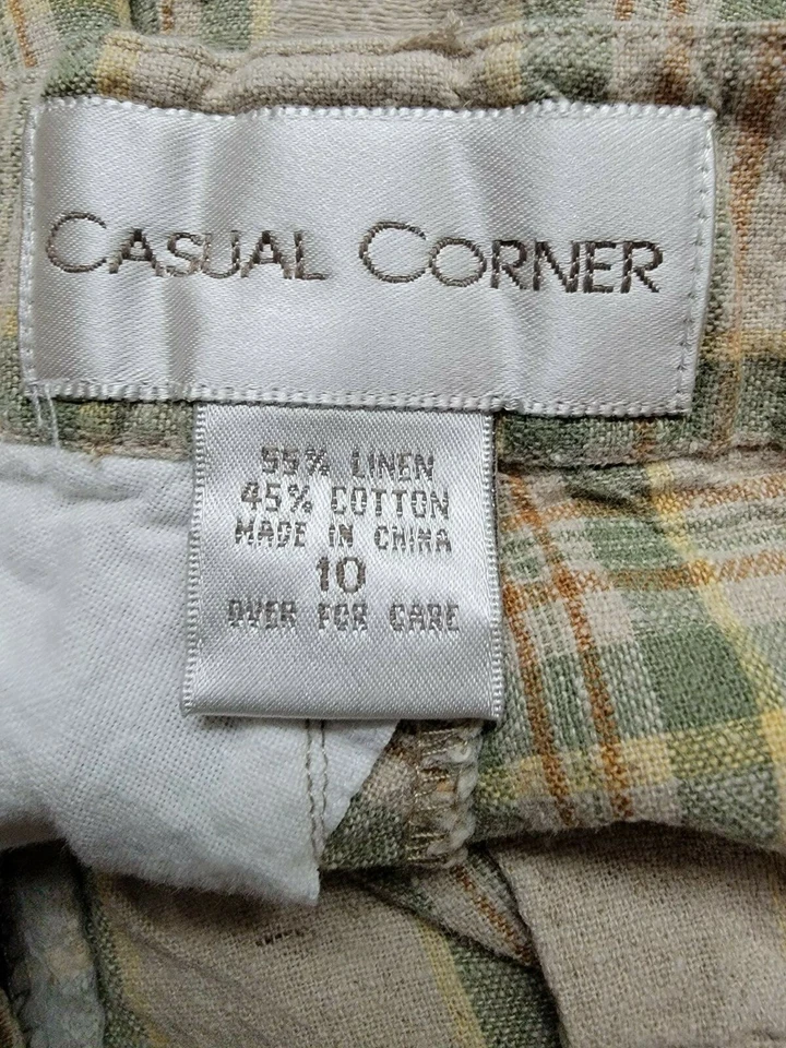 Pantalones cortos informales de esquina para mujer talla 10 verde marrón amarillo lino a cuadros Foto 2 de 4