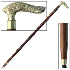 Immortal Flower Walking Cane | Brass Pastoral Half-Crook Sheesham Shaft Stick
