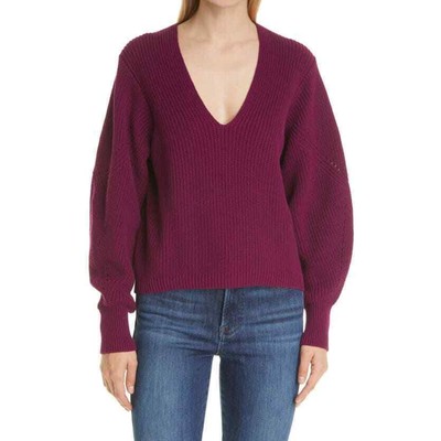 NWT La Ligne Womens Sweater Womens Sz XS V-Neck Balloon Sleeve Ribbed Plum $250