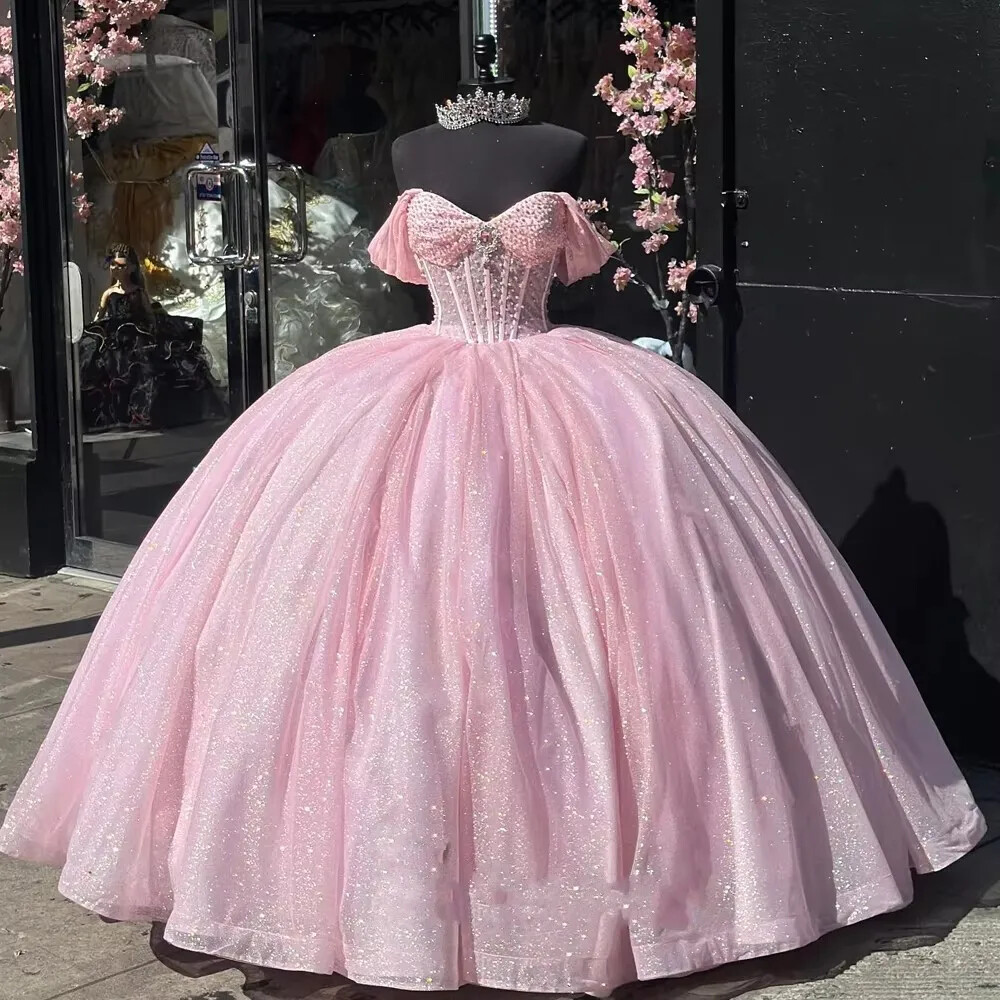Glitter Pink Ball Gown Quinceanera Dresses Floor-Length Cinderella Princess  | eBay