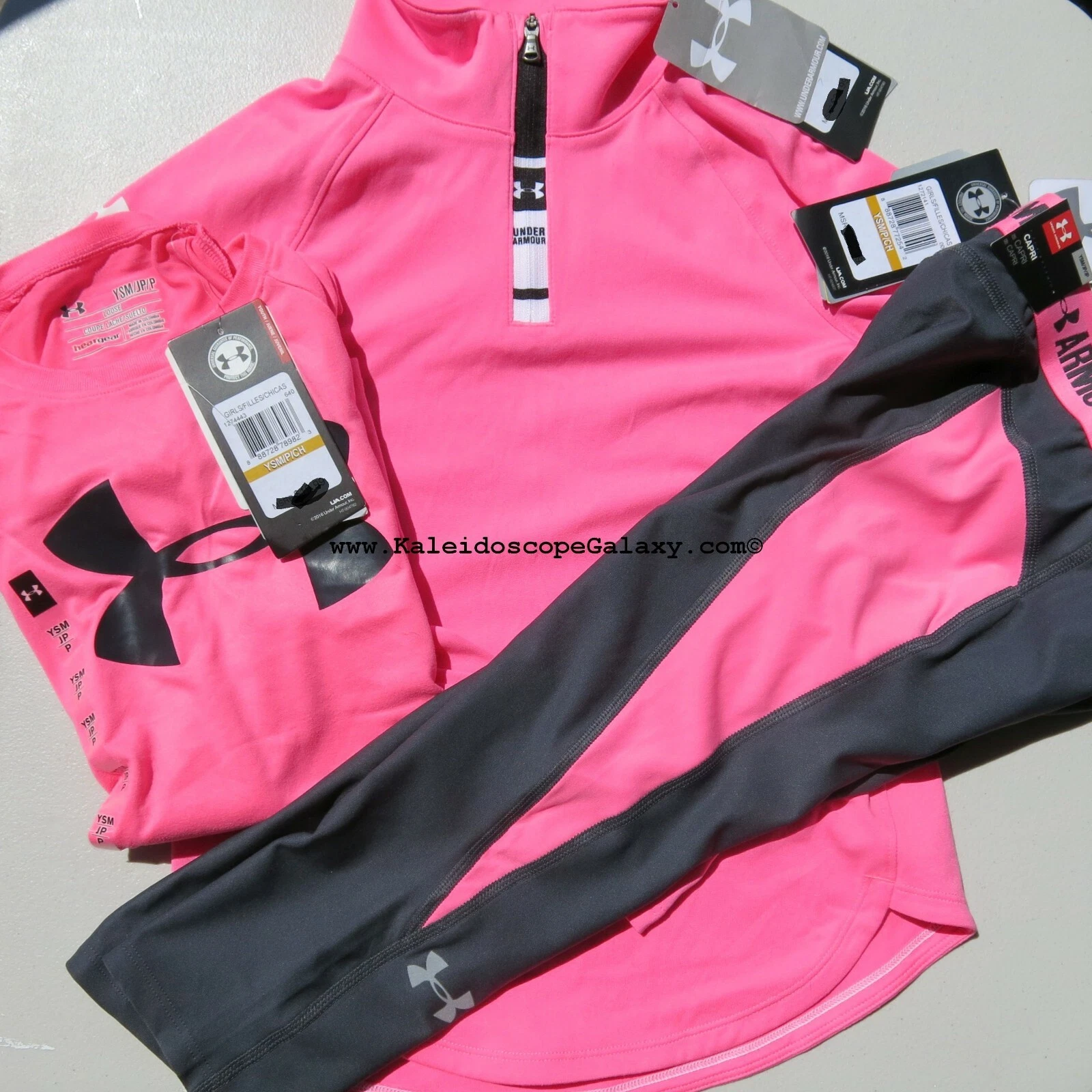 Under Armour Girls 3pc Size Small Capri Leggings Pullover T-Shirt Pink Gray $95