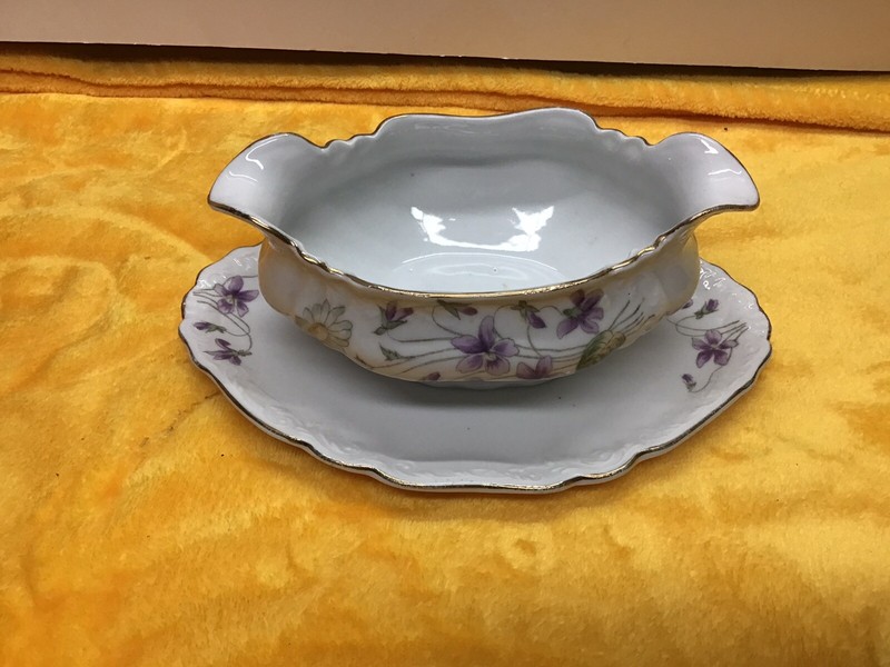 Vintage White Porcelain With Gold Accent Gravy Boat with Attached Underplate