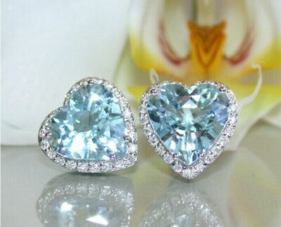 4Ct Heart Lab Created Aquamarine Women Stud Earring 14k White Gold Plated Silver