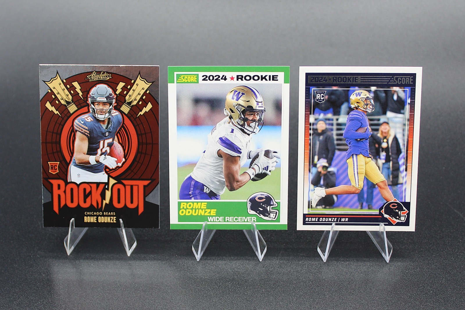 Rome Odunze RC Lot 2024 Score #309, 2024 Score #6, 2024 Absolute Rock Out RO-ROE