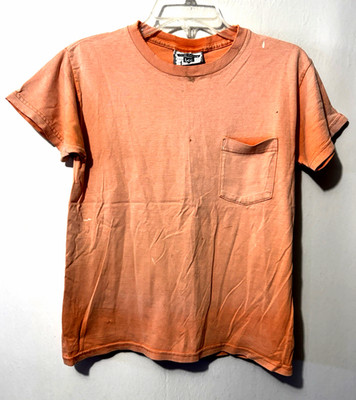 Vintage Super Gradient Sun Faded WIP Workwear Work Pocket Front Orange T-Shirt S