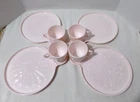VINTAGE JEANETTE SHELL PINK FEATHER PATTERN HOSTESS SNACK SET-8 PC.-LOOK!