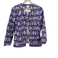 Chicos Purple Ikat Diamond Print Open Front Blazer Jacket Cotton Stretch Size 1