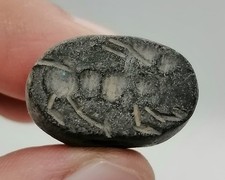 Roman Carved Dark Stone Oval Seal Bead with Bull Motif Intaglio Amulet