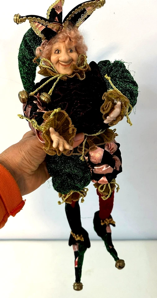 Vintage Christmas Jester Elf Doll Collectable Brocade Lace Boho Unique Face 16" - Image 4 of 4