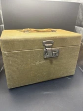 Vintage Tweed Storage Chest Trunk Blue Lined w/ Leather Handle Lockable