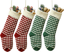 Burgundy  Green Knit Christmas Stockings Set 4 Pack 18" Festive Holiday Decor