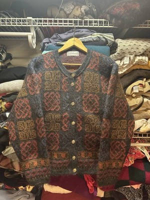 Vintage Edinburgh Mohair Knit Multicolor Celtic Cardigan Sweater 