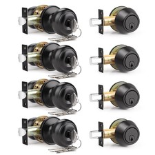 4 Pack Entry Knob Deadbolt Set, Matte Black, Keyed Alike, Flat Round