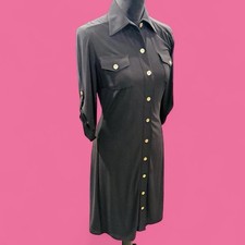 TAHARI ASL Black Shirt Dress 6 Button Front Gold Buttons Midi Career Minimalist