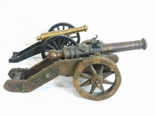Vintage 2 Cannons 1 Heavy Large Bronze Carved W/ Crown on Barrel 1 Brass