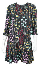 VALENTINO Black & Multi Floral Print Crepe 3/4 Sleeve Drop Waist Dress 2