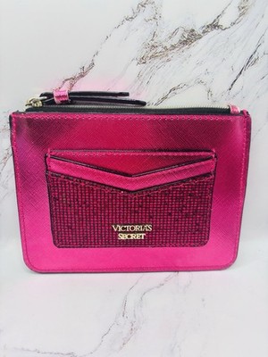 Victoria s Secret Key Chain Zip Card Coin Purse Hot Pink Metallic Glitter 6 x 4 