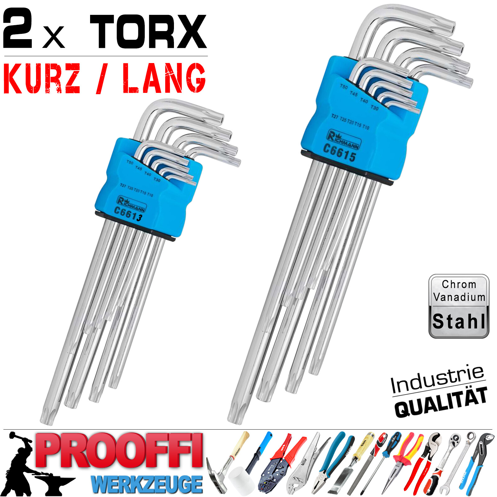 2 x Torx T-Profil Winkel Schlüssel Schraubendreher T10 - T50 Mit Loch Kurz/ Lang