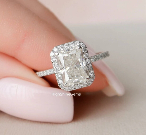 3 Ct Radiant Cut Moissanite Hidden Halo Bridal Promise Ring 14K White Gold