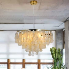 24" Coin-Inspired Shell Pendant Light, Gold Iron & Plastic, Modern Luxury Style