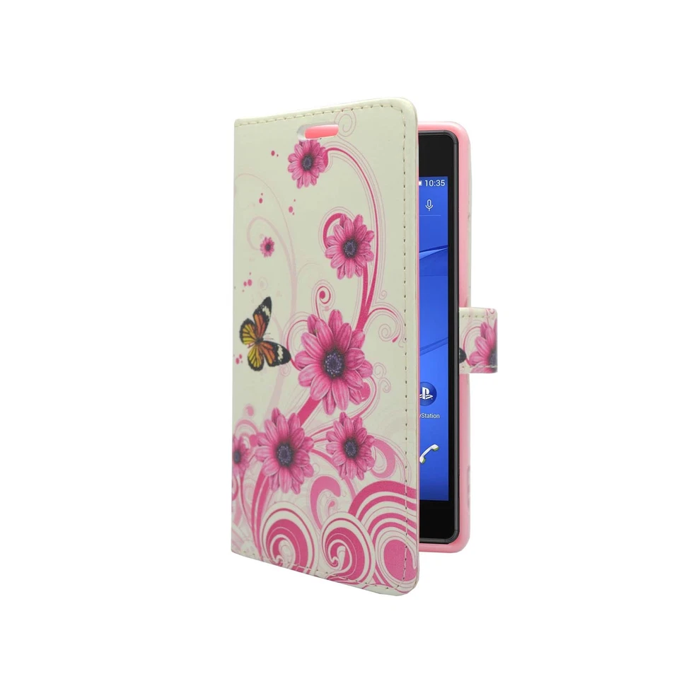 CASE FOR SONY XPERIA Z3 WHITE PINK SWIRL FLOWER BUTTERFLY PU LEATHER WALLET  - Image 4 of 4