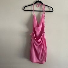 Princess Polly Women 2 Pink Satin Cowl Halter Neck Ensley Mini Wrap Dress