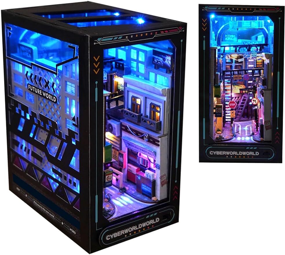 Cyberpunk Wooden Book Nook Shelf Insert Miniature Kits Decoration