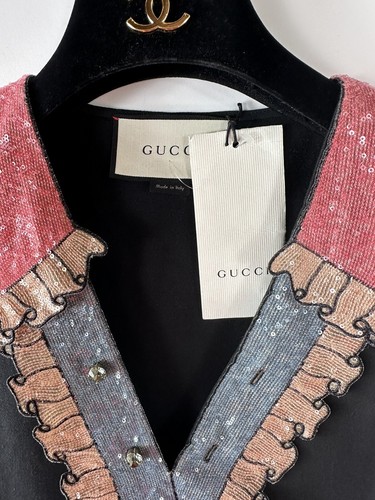 4K New Gucci 2016 Black Mini Shift Dress 36 38 2 Top Ruffle Sequin Crystal XS - Picture 23 of 23