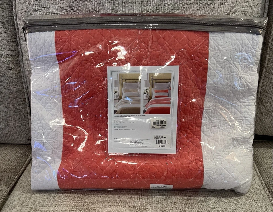 NUEVO Edredón Reversible Martha Stewart Bandeau DOBLE Coral Rosa y Blanco Foto 4 de 4