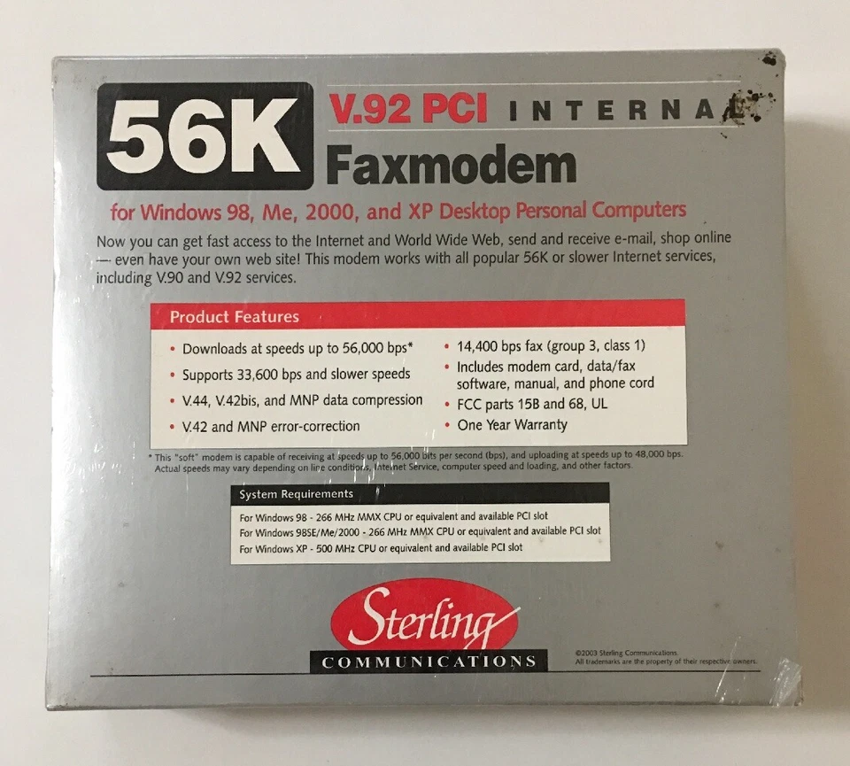 Sterling Communications 56K V.92 PCI Internal Fax Modem Windows FACTORY SEALED - Image 2 of 3