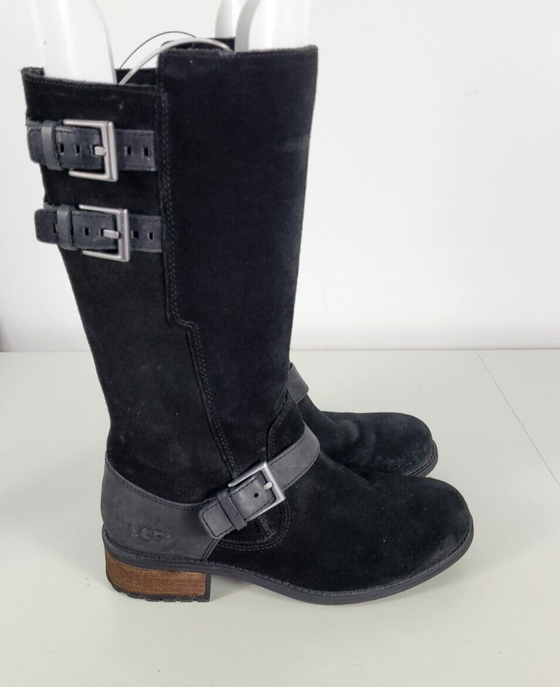 UGG Womens Black Suede Leather EVERGLAYDE Biker Buckle Zip Boots Sz 7