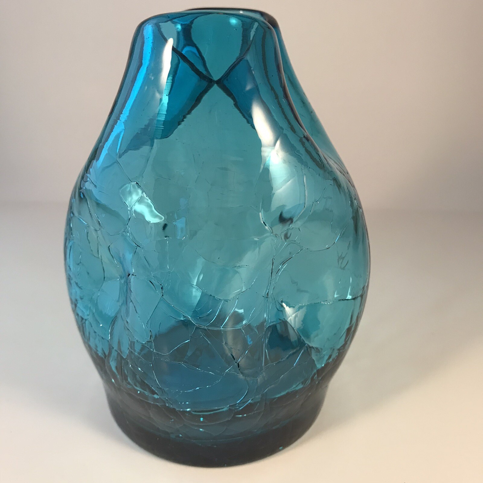 Turquoise Blue HandBlown Crackle Glass Pinch Top Dimpled Vase eBay