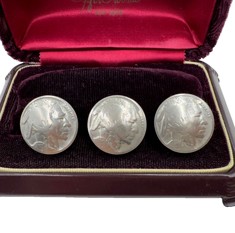 Lot of 3 VINTAGE SILVER BUTTON COVERS Old Authentic INDIAN HEAD Nickel 5 Cents