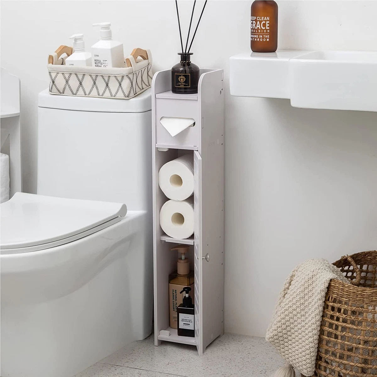 Small Bathroom Table w/ Toilet Paper Rod & Basket