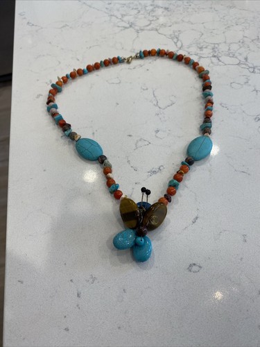 Vintage Butterfly Turquoise Tiger’s Eye Pendant Multi Stone Beaded Necklace 24” - Picture 6 of 16