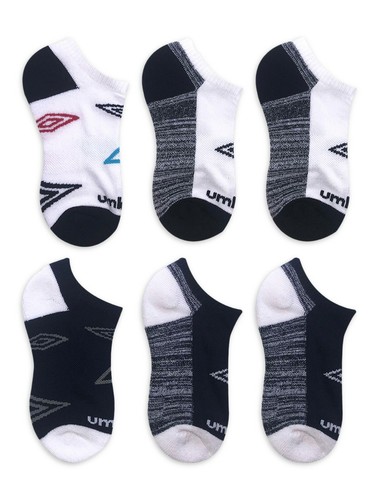 Umbro - Boys No Show Socks (6 Pairs) - White-Black-Blue - Shoe Size 3-9 - Picture 2 of 7