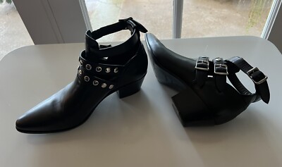 Ysl Saint Laurent Black Leather Rock 3 Buckles Ankle Boots Riding